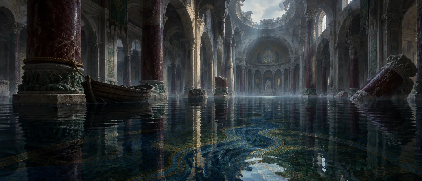 Basilika Orme setengah tenggelam, mosaik sungai berkilau di bawah air.
